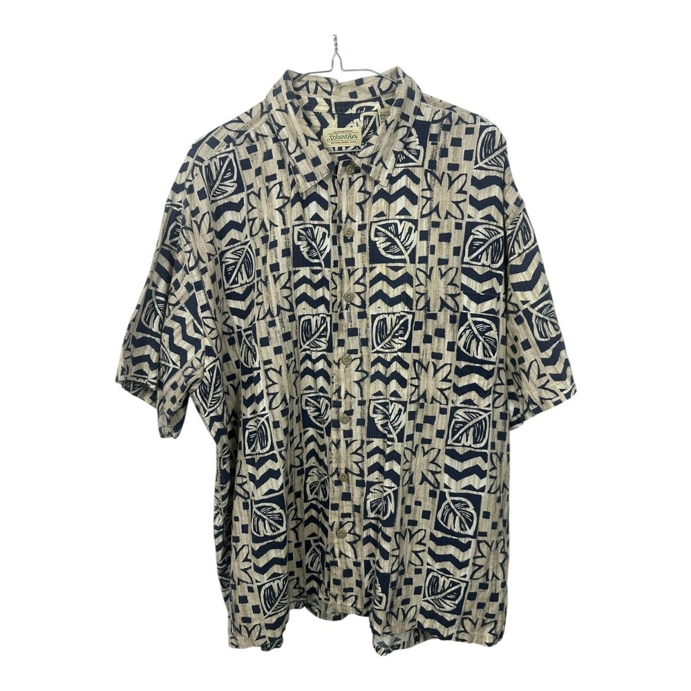 Vintage St Johns Bay‎ Men's Hawaiian Shirt Geometric Print Tan Blue XL